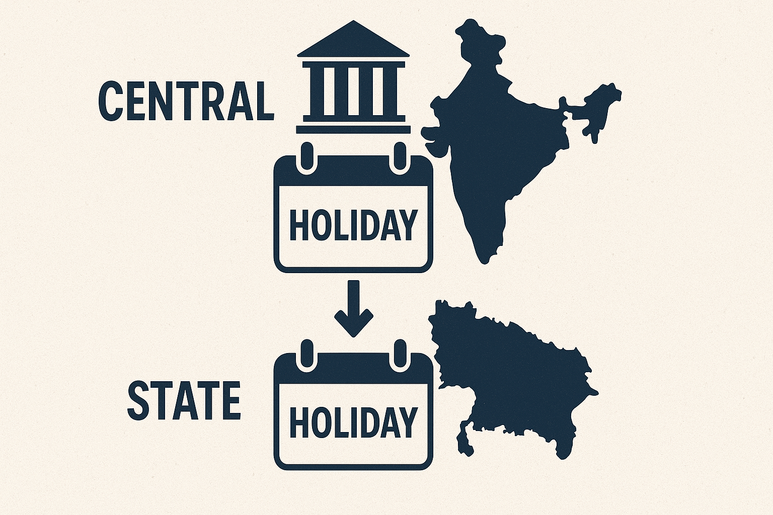 Infographic showing Central and State governments in India influencing public holiday declarations, with calendar icons representing the holiday schedule.